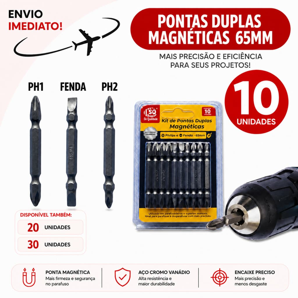 Ponteira Dupla Magnética 65mm Parafusadeira 10 20 30 Peças * Envio Imediato *