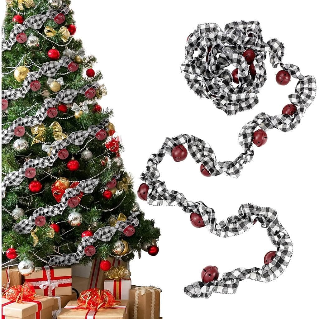 Guirlanda de Natal XunYee de 9 pés com Estampa Xadrez Buffalo, Guirlanda Rústica de Juta com Sinos, Estilo Fazenda para