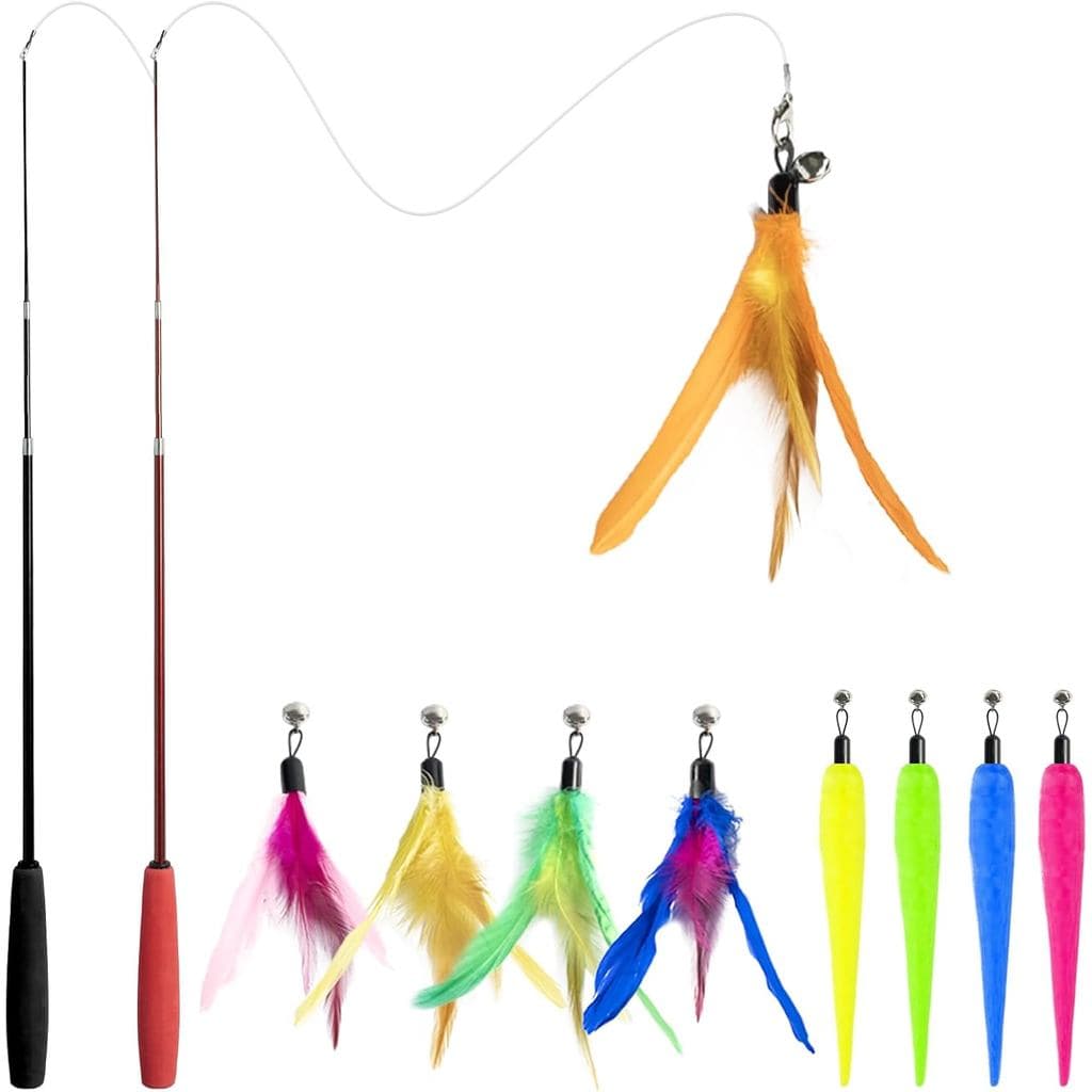 Conjunto de 11 Brinquedos para Gatos, Varinha Retrátil com 2 Varinhas e 9 Refis Variados, Brinquedo Interativo para Gato