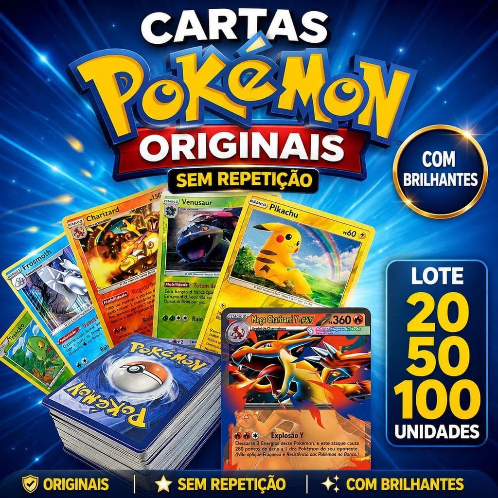 Lote de Cartas Pokémon Originais 20, 50 ou 100 Unidades ⚡ Sem Repetição + Brilhantes Garantidas