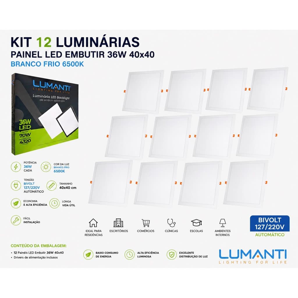 Kit 12 Lumaria Plafon Painel Led Embutir 36w 40x40 Branco Frio 6500k Bivolt 127/220v Lumanti
