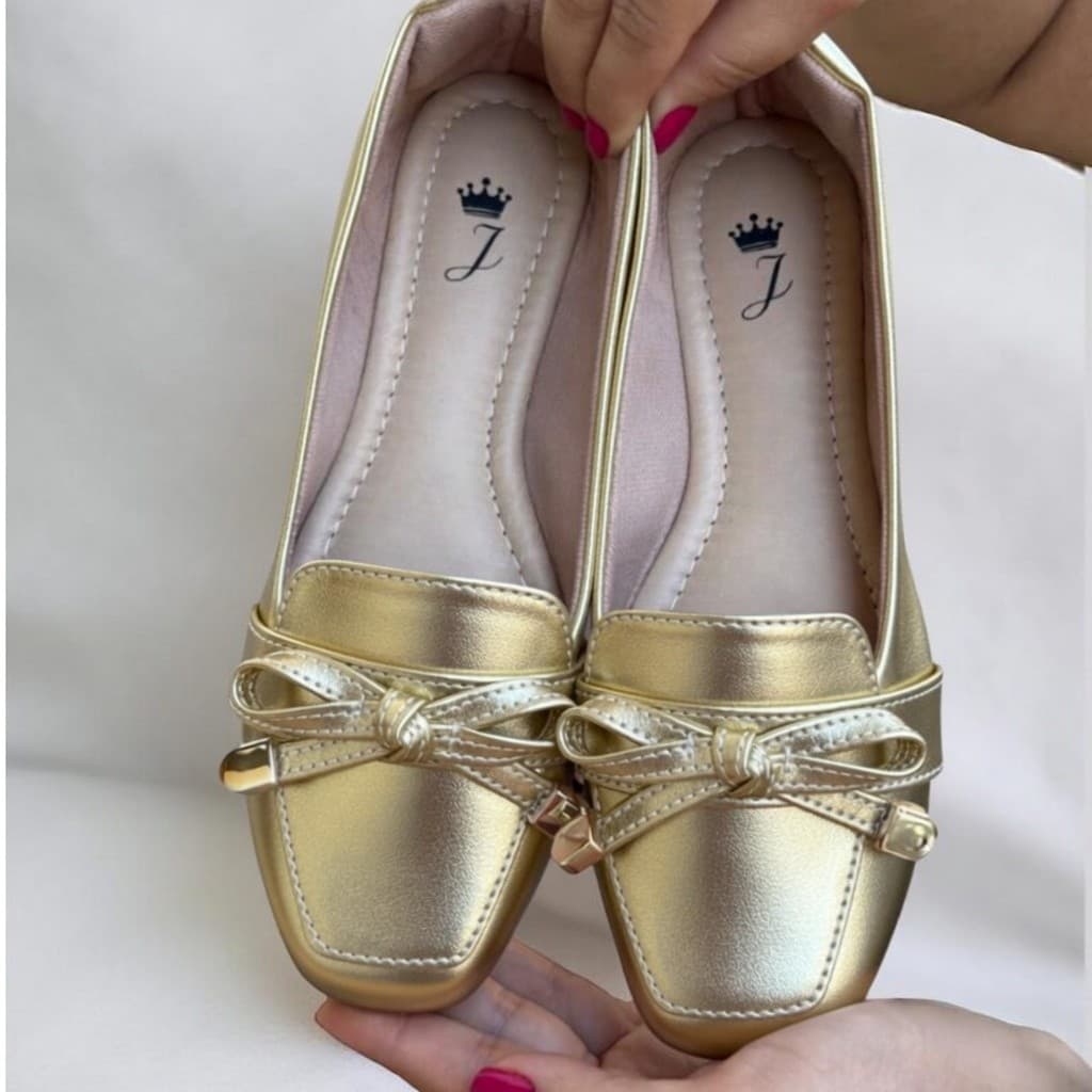 Mocassim Feminino Metalizado Nó Bico Quadrado Confortável Flat Sapatilha 34 ao 40