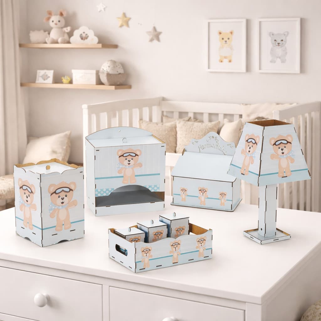 Kit Infantil com Lixeira, Abajur e Porta-Fraldas – Estampa Ursinho Azul