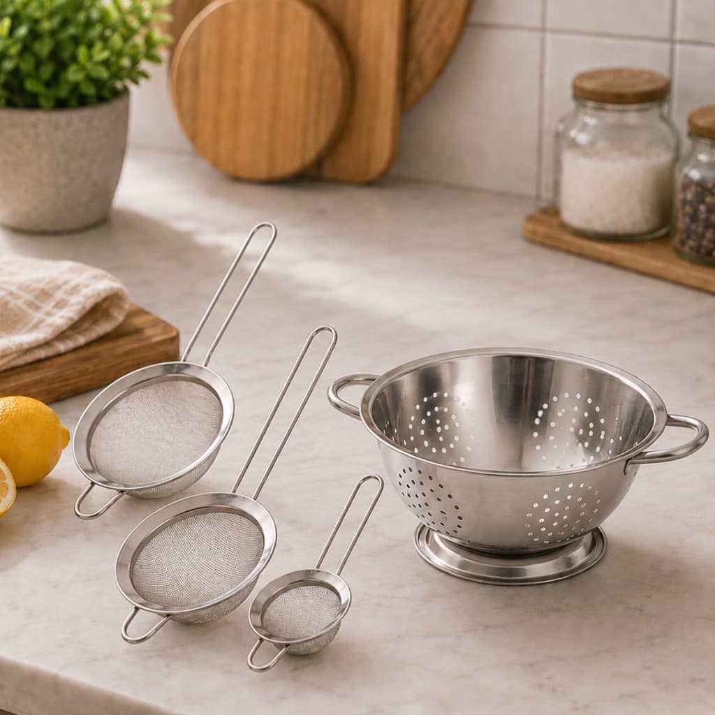 Kit Escorredor De Massas Macarrão Alimentos Aço Inox Com Alça + 3 Peneiras Aço Inox