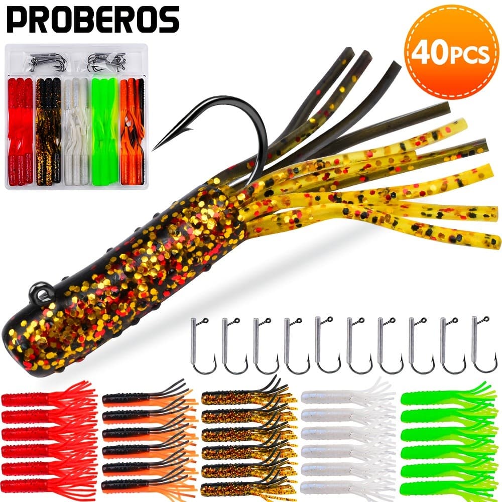 Proberos 40 peças/caixa Isca Artificial para Pesca - Isca Falsa de Cores Variadas, Conjunto de Iscas Macias com Anzóis,