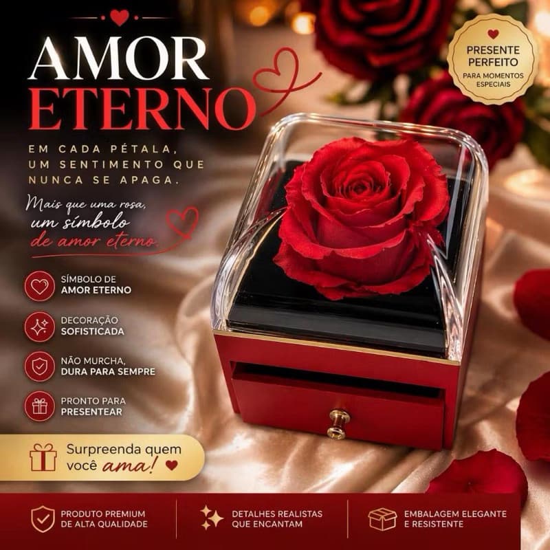 Porta Joia Rosa Eterna Luxo com Gaveta 💎 Presente Romântico Dia dos Namorados / Dia das Mães / Aniversário