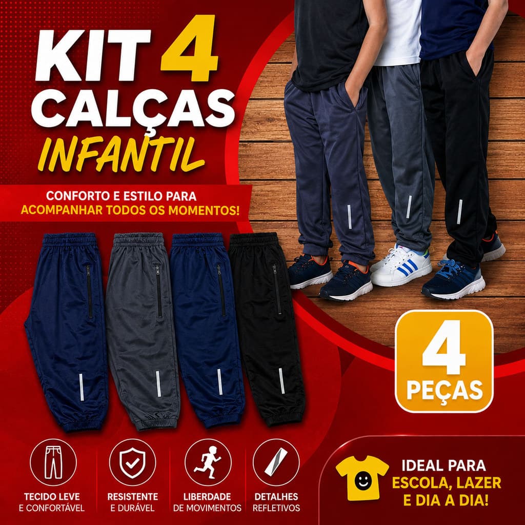 Kit 4 Calças Infantil Juvenil Preta e Azul Escola Inverno Chimpa Flanelado