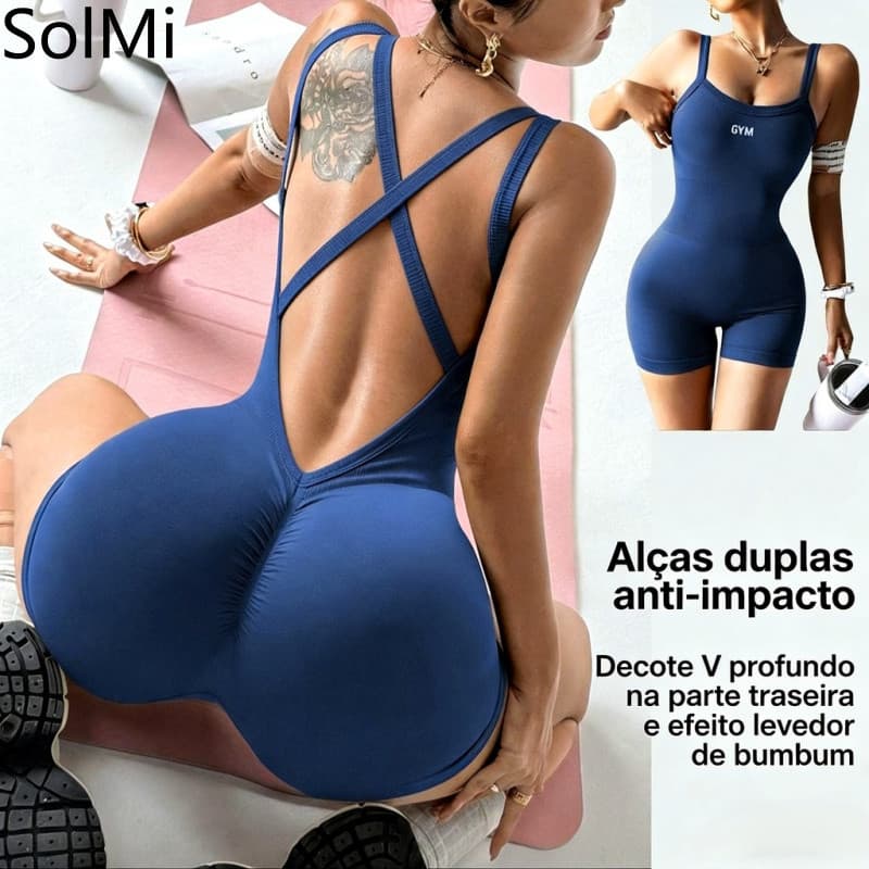 Macacão de Yoga Sem Costura Europeu e Americano com Costas Bonitas, Bumbum Pêssego, Alça Costas Nuas, Recortes, Franzido