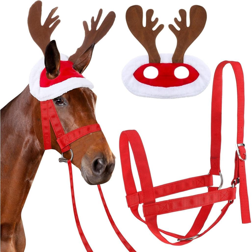 Conjunto de 2 Peças de Acessórios de Natal para Cavalo: Chapéu com Chifres de Rena e Cabresto Vermelho e Verde para Fant