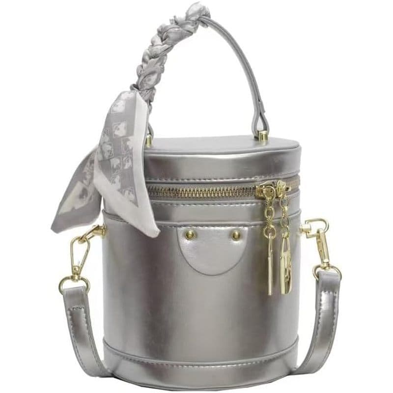Mini Bolsa Crossbody Balde Para Mulheres Couro Vegano S Ombro Redondo Alça Redonda Requintada Com Cordão De Laço De Seda