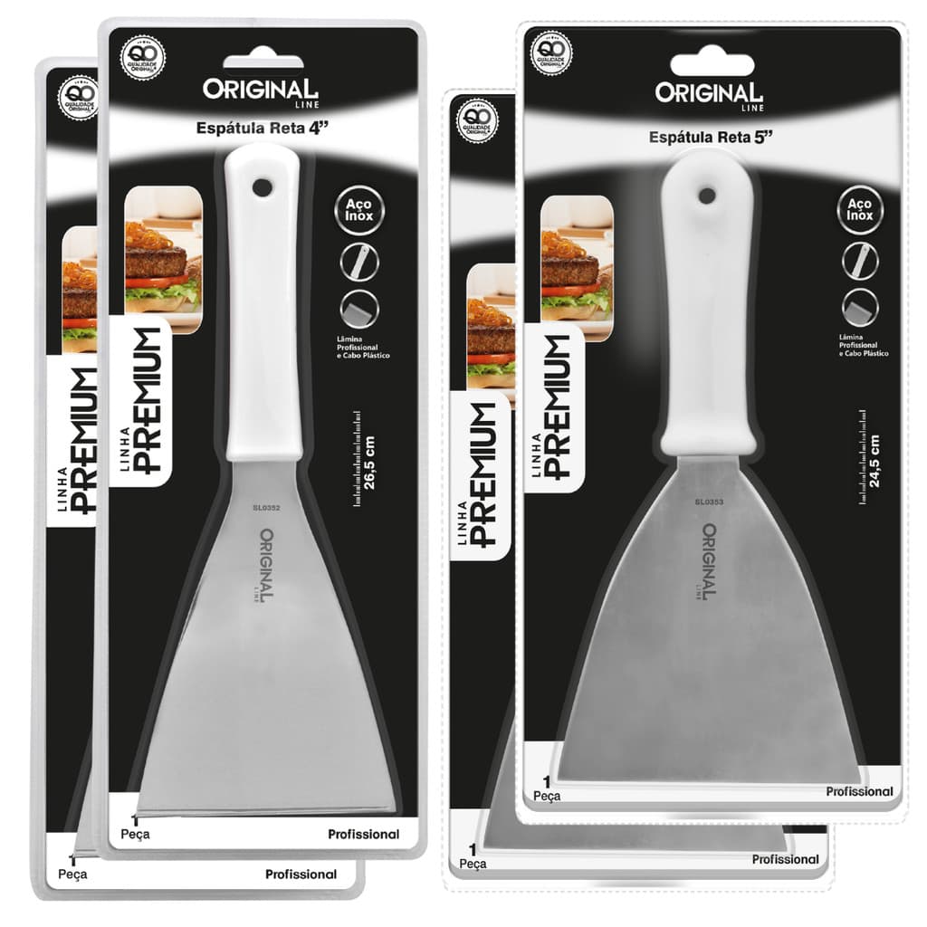 Kit 4 Espátulas Inox Reta 4/5 Chapa Lanche Chapeiro Branco