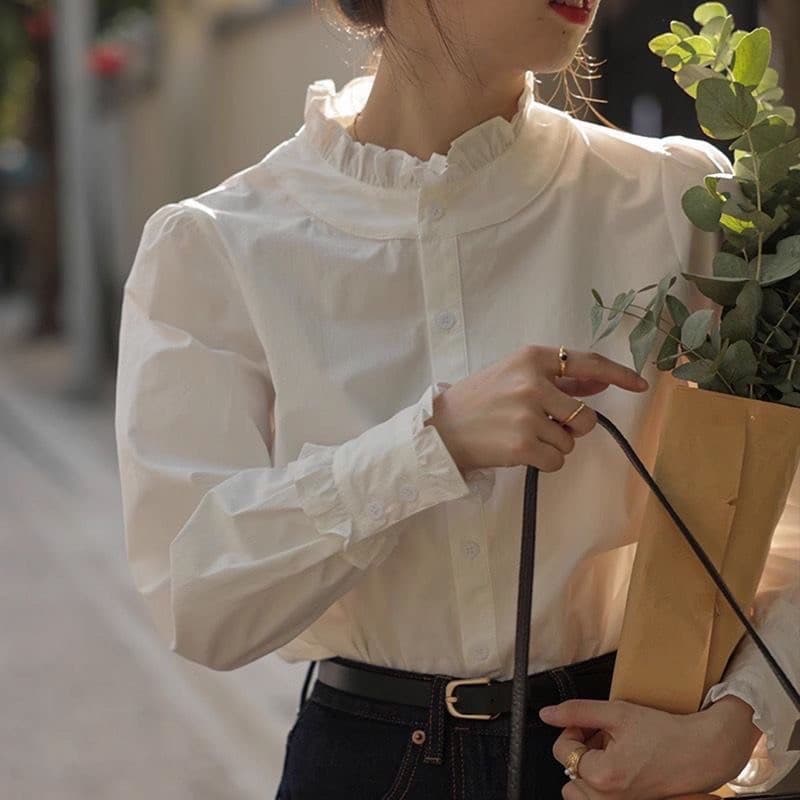 Forro de lã engrossado branco gola alta camisa feminina outono inverno 2024 novo estilo francês chique camisa de fundo i