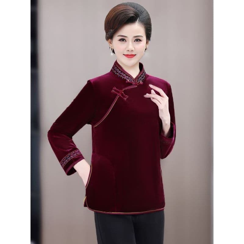 T Tang Suit Cheongsam Top Roupas femininas idosas de meia-idade Roupas de mãe Camisa de fundo de veludo dourado Gola alt