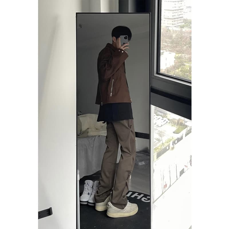 Cor café americano Retro vibe calças masculinas de perna reta Micro-Breasted calças high-End Drape sentimento Casual cal