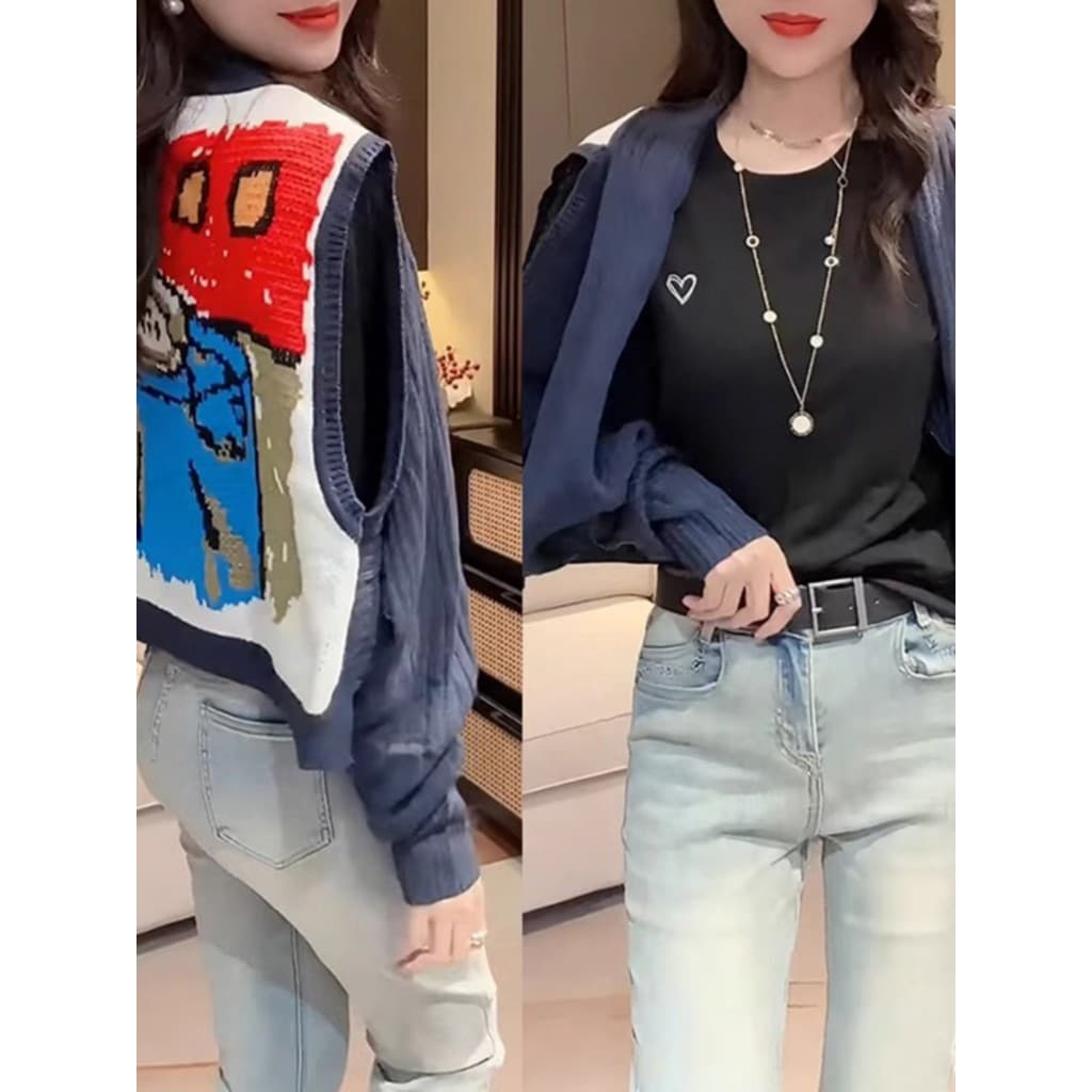 High-End Feeling 2026 Primavera Verão Novo Estilo Moda Feminina Desenho Animado Cor Combinando Colete de Malha Mais Magr