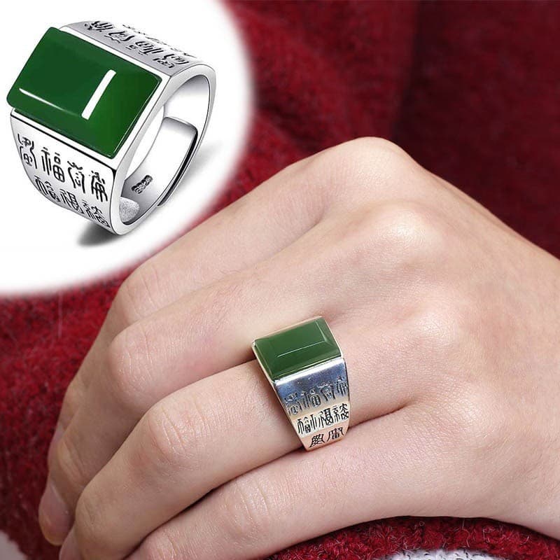Anel Esmeralda Jasper Gravado Escritura Jade Cor Anel Aberto