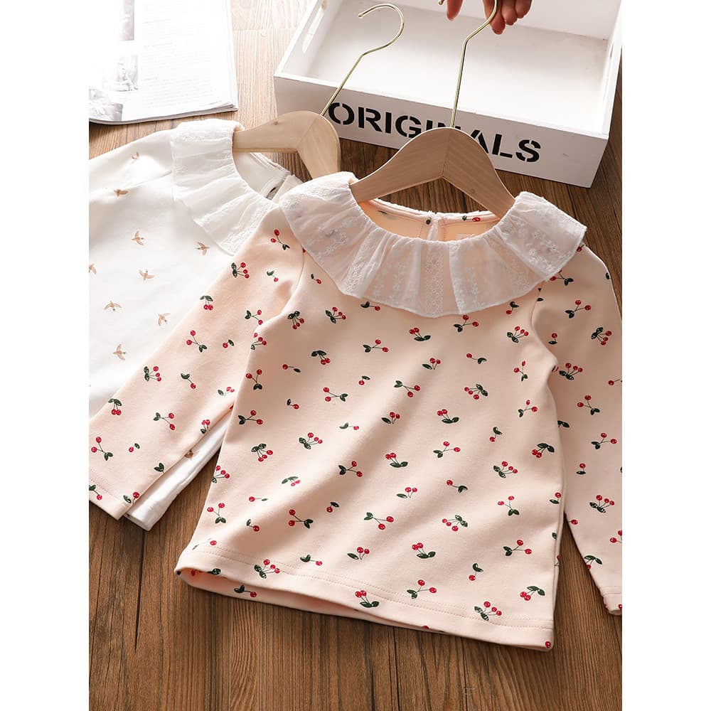 Meninas gola bordada camisa do bebê primavera outono roupas infantis novo estilo bebê manga comprida camiseta versão cor