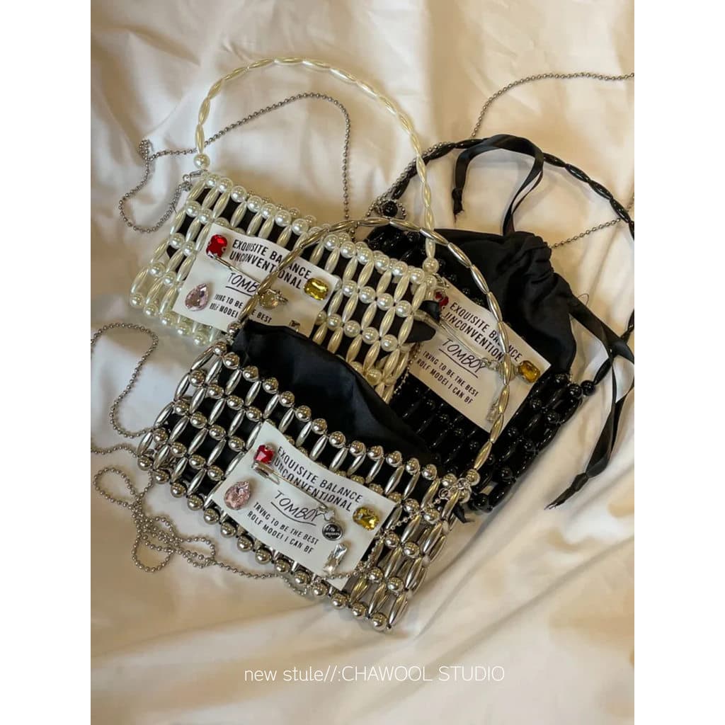 CHAWOOL Nicho Design Oco Portátil Frisado Bolsa Carta Pin Decoração Ombro Crossbody Pérola Pequena Bolsa Quadrada