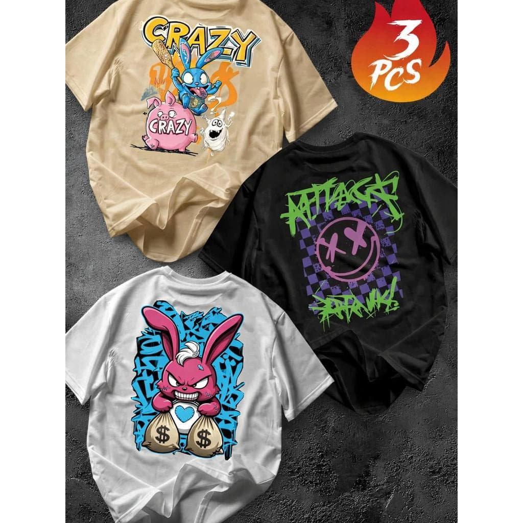 Kit 3 peças  Camiseta Masculina Algodão Premium Adulto Plus Size Infantil Streetwear Coelho Crazy Saco Dinheiro Attack