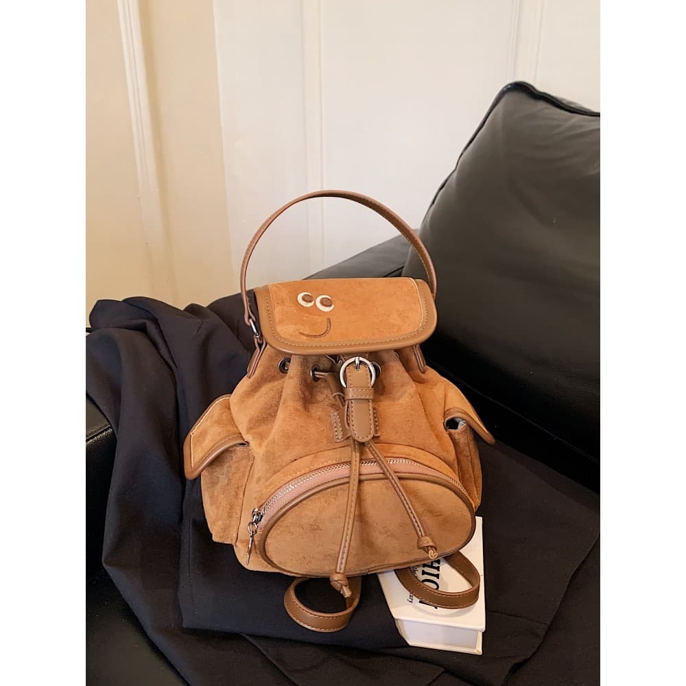Retro camurça mochila feminina bonito infantil pequena mochila feminina Multi-bolso cordão balde pequena mochila