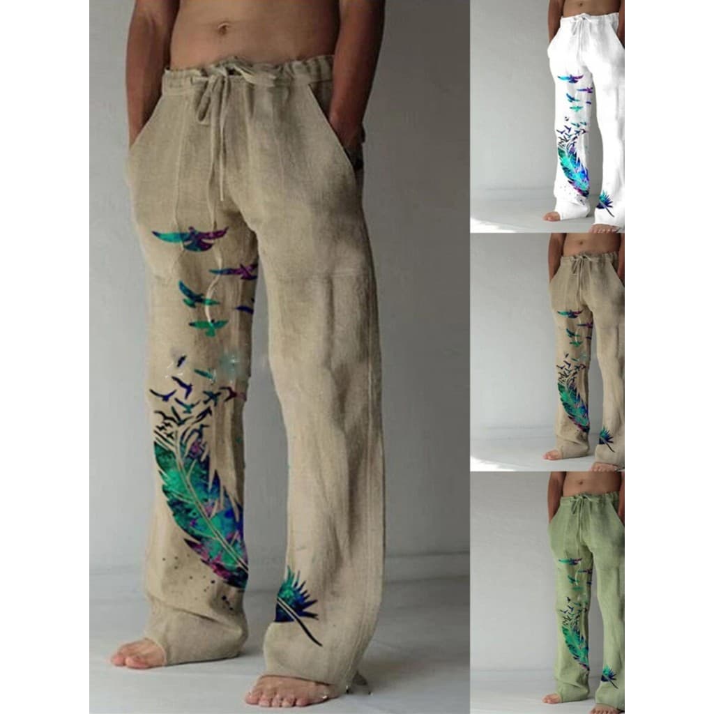 Calças Casuais Com Estampa De Penas Coloridas Cordão Masculinas