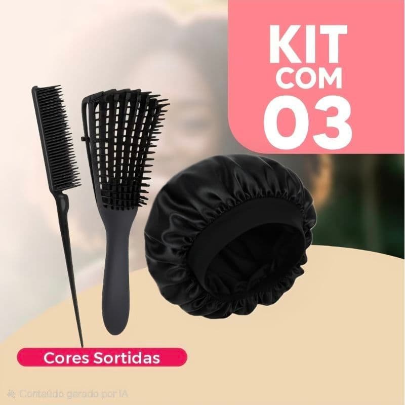 Escova Polvo + Pente 3 Fileiras + Touca de Cetim com Faixa Antifrizz