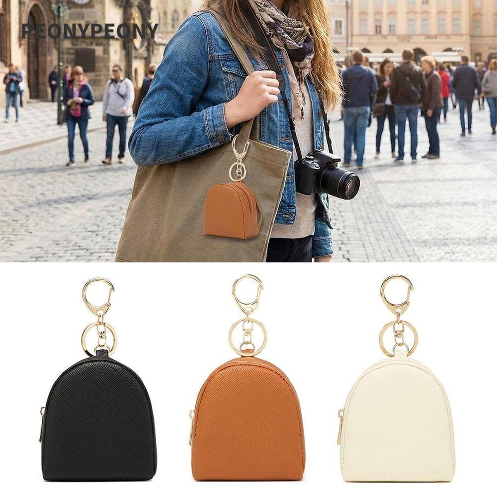 Bolsa De Moedas PEONY , Armazenamento Feminina Com Zíper De Cor Sólida , Mini Mochila De Couro Pu Chaveiro Feminino