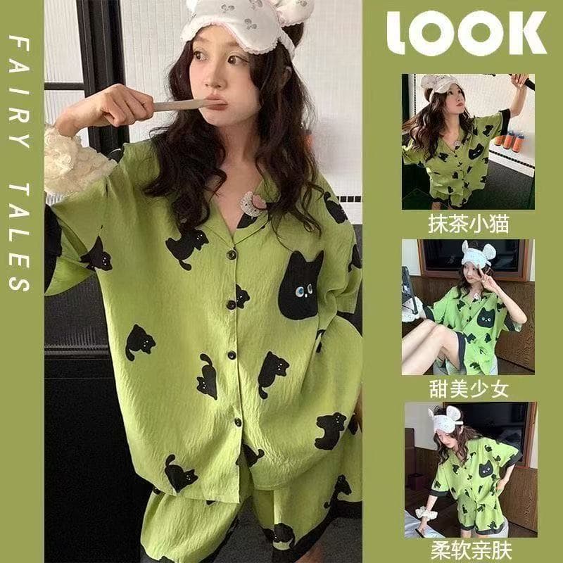 Conjunto De Pijamas De Algodão Verde Preto Gato Nuvem Feminino Coreano Solto