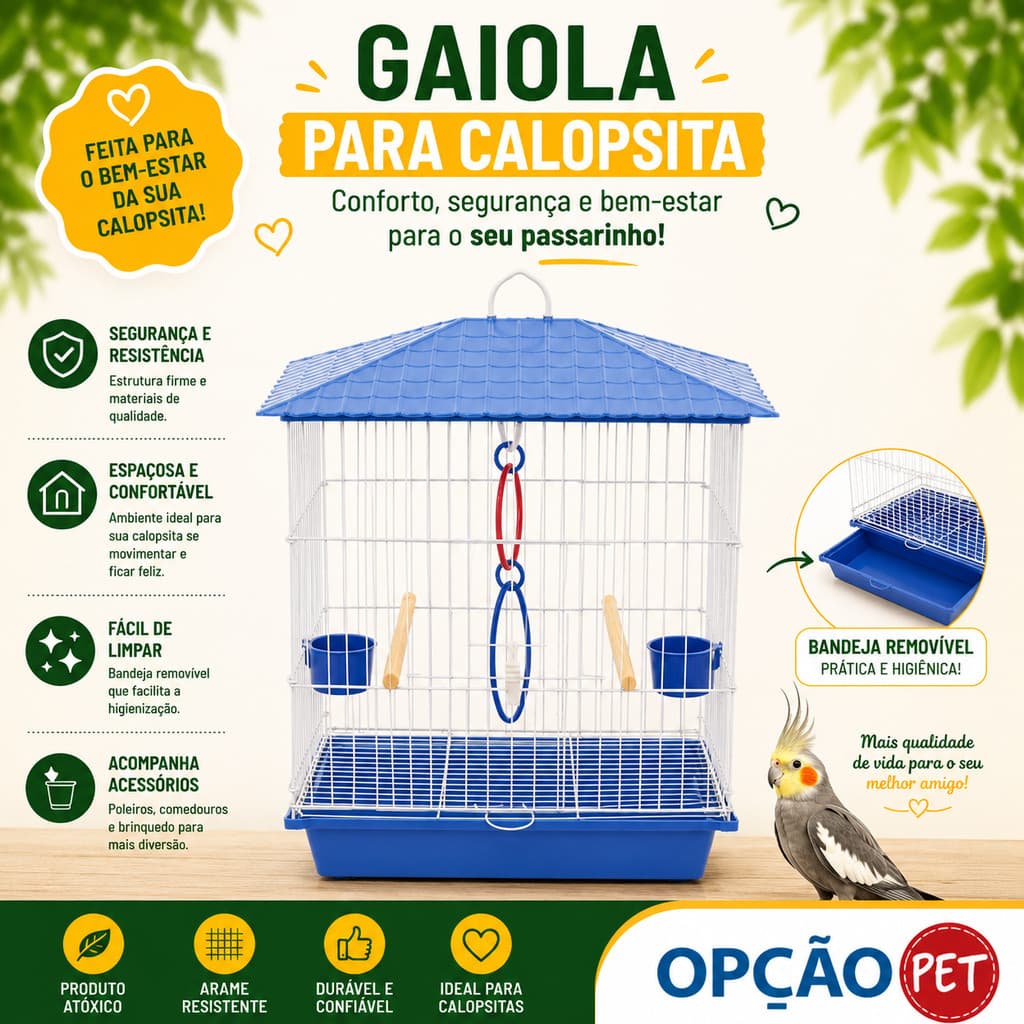 Gaiola para Calopsita + ACESSÓRIO E UM JOGO DE ARGOLAS COLORIDAS mansa teto plástico na cor Azul - OPÇÃO PET