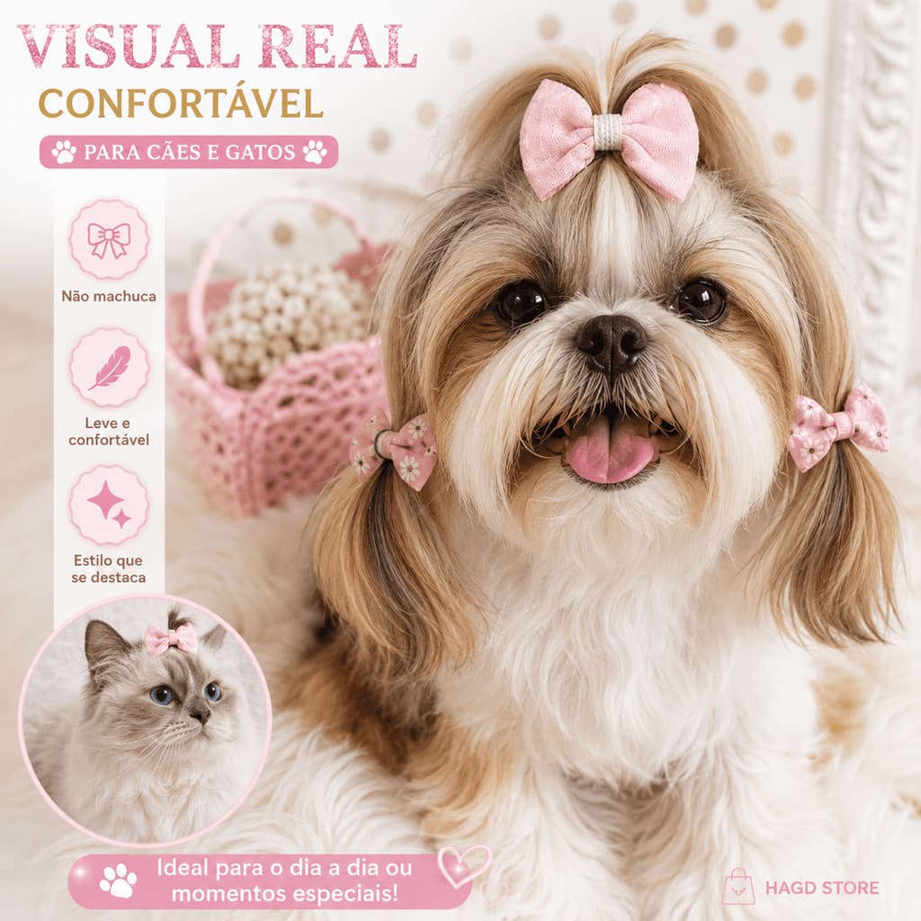 Kit 5 Presilhas Pet Laço Cabelo para Cachorro e Gato Acessórios de Luxo com Brilho Clipe Grampo Estampado Fofo Atacado