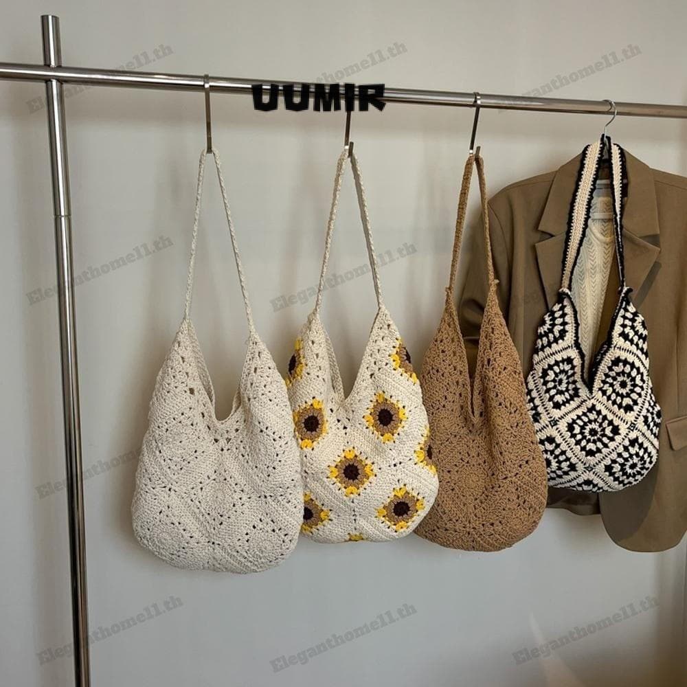 Sacola De Crochê Umir , Bolsa De Ombro Tecida À Mão Com Design Vazado , Padrão Boêmio Único , Aparência Vintage , Estilo