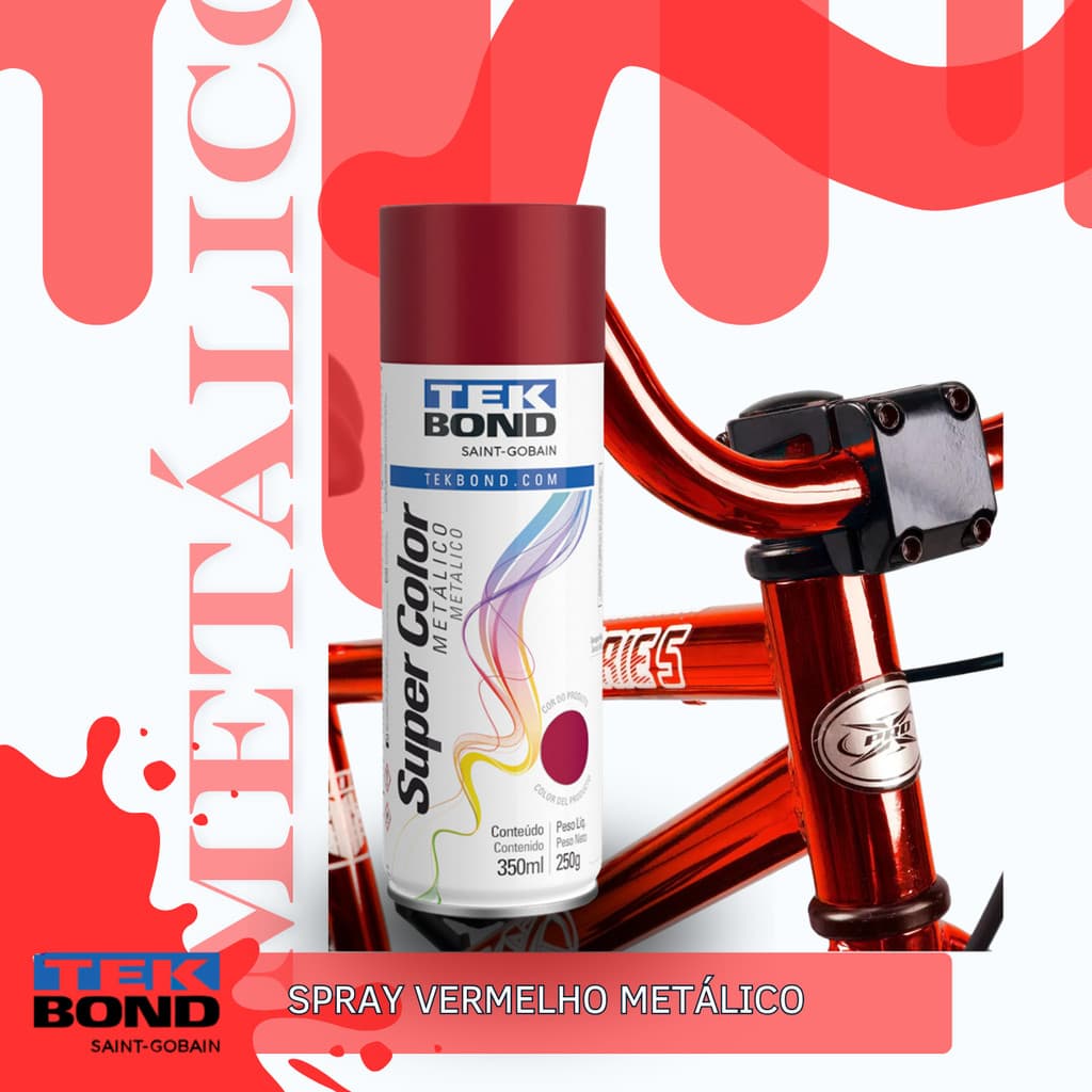 Tinta Spray Aerossol Tekbond Metálica Super Color Vermelho Metálico 350ml / 250g