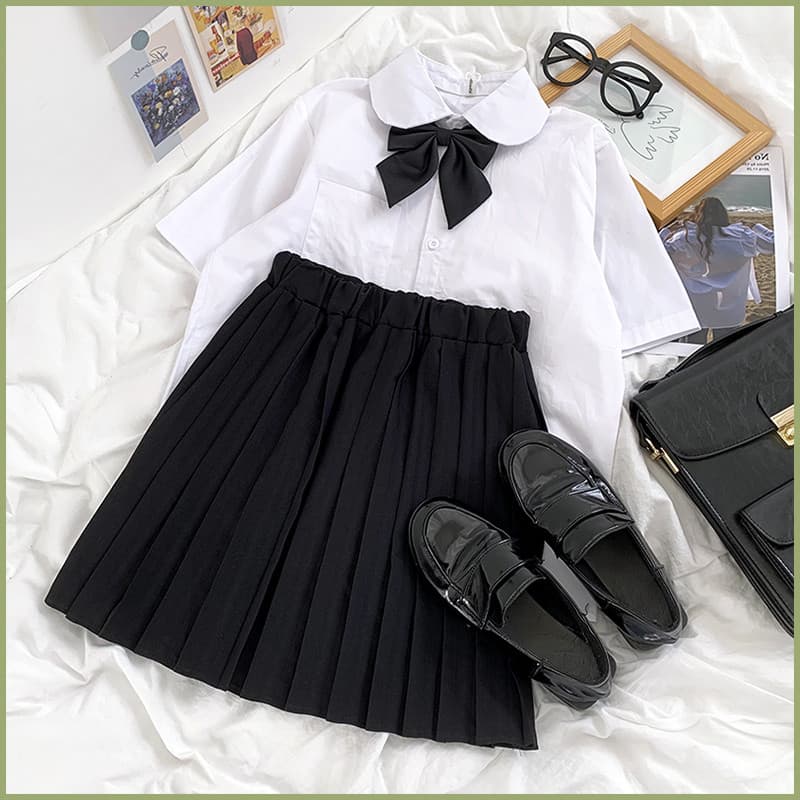 Menina japonesa estilo Preppy gola de boneca laço preto solto All-Match camisa de manga curta + saia plissada de cintura