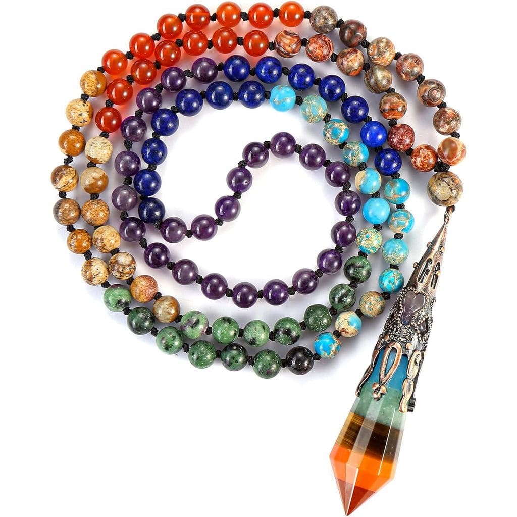 GEHECRST Colar de Oração Mala com 108 Contas de 7 Chakras Naturais e Pingente Pontiagudo de Cristal de Cura Reiki, Colar