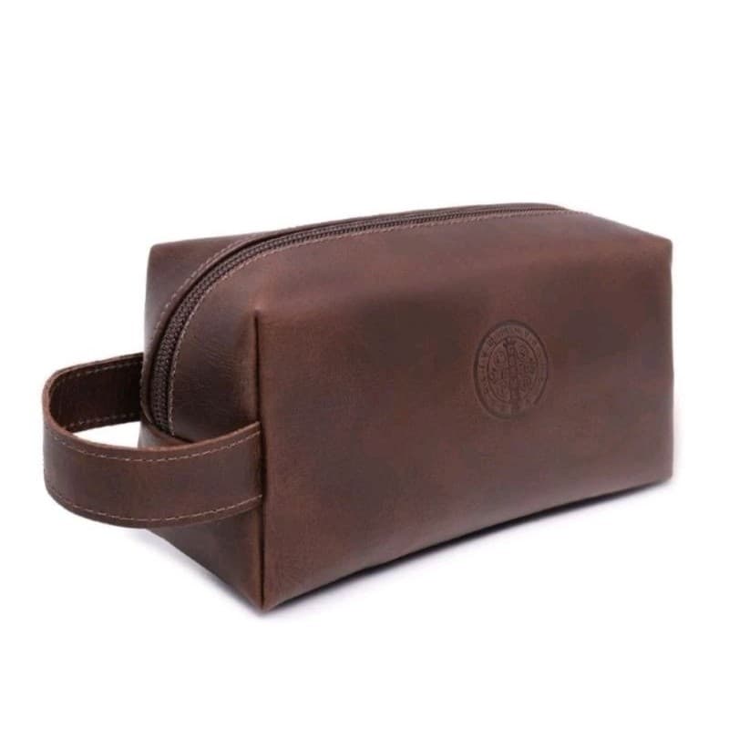 Necessaire100% Couro legítimo Premium Forro Impermeável Zíper Com Alça Alça de Mão Estampa Medalha São Bento.
