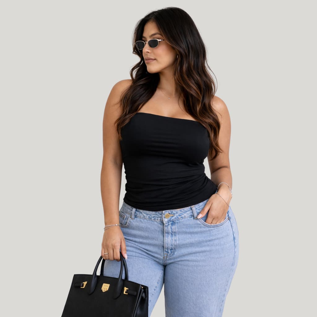Blusa tube top ALONGADO plus size (NÃO É CROPPED) suplex dupla camada na frente modeladora tomara q caia