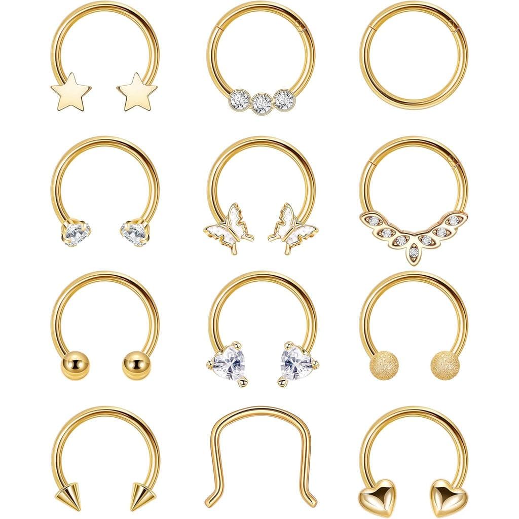 REVOLIA 12Pcs 16G Surgical Steel Septum Rings for Women Men Horseshoe Septum Rings Hoop CZ Heart Star Butterfly Cartilag