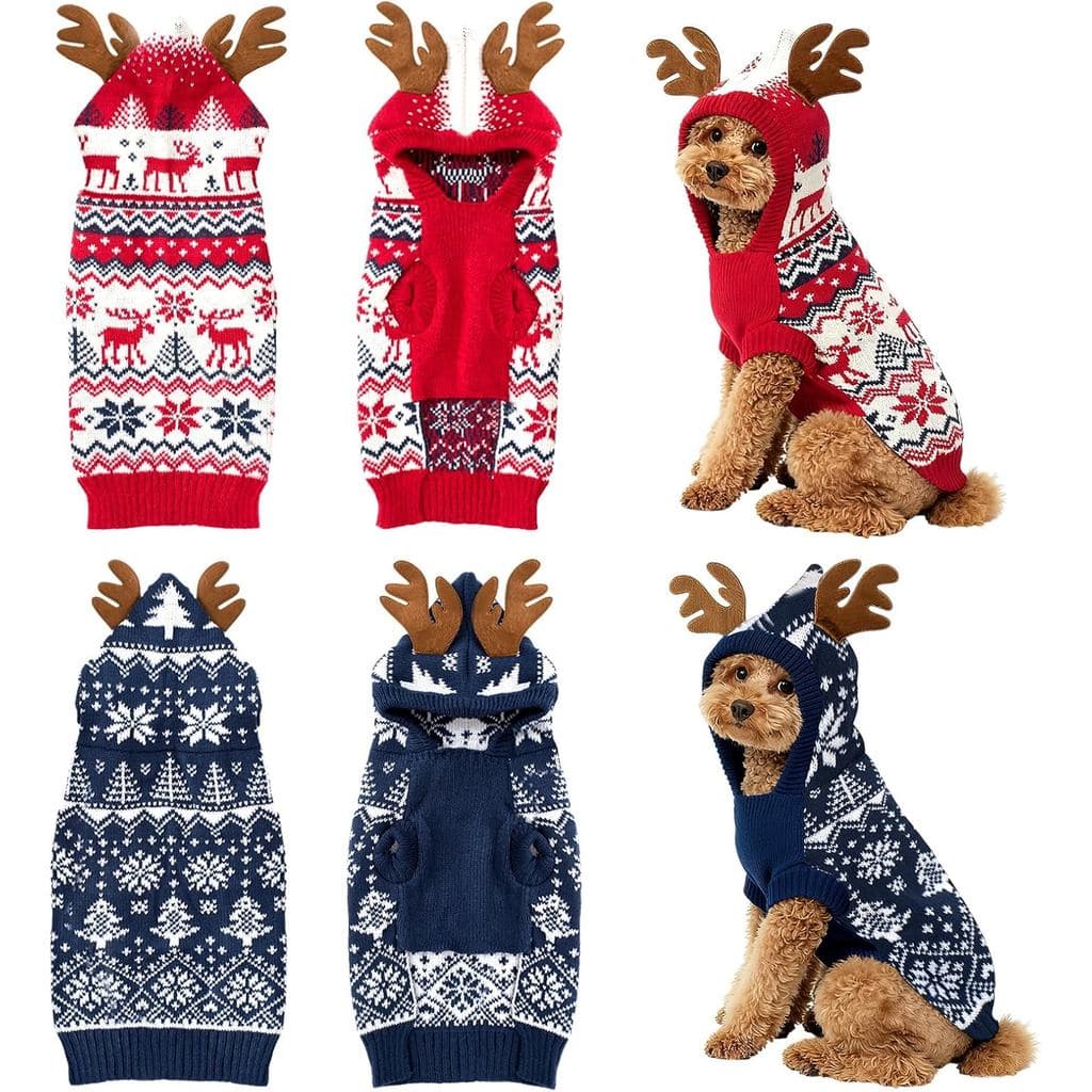 2 Pcs Christmas Dog Sweater Warm Winter Dog Hoodie Snowflake Christmas Tree Reindeer Pet Outfit Clothes Holiday Knitwear
