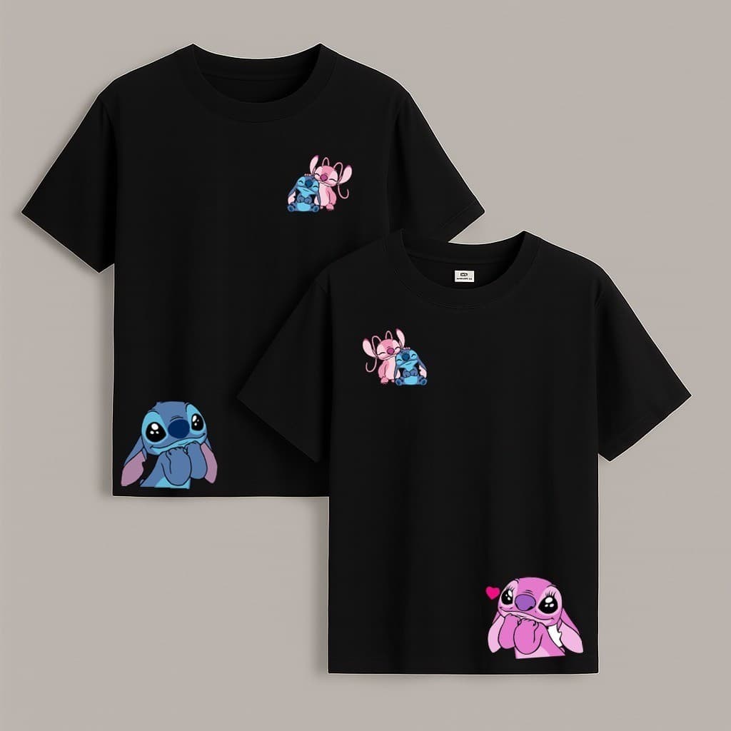 Kit 2 Camisetas Estampada Personalizada Stitch e Angel Conjunto Casal Unissex 100% Algodão