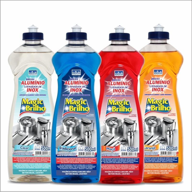 Kit 4 Limpa Alumínio e Inox Magic Brilho Crivialli 500ml - Tradicional, Maçã, Clear e Laranja