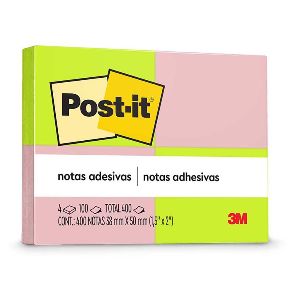 Bloco de notas adesivas Post-it 2 cores Neon 4 blocos de 38x50mm 100 folhas 3M