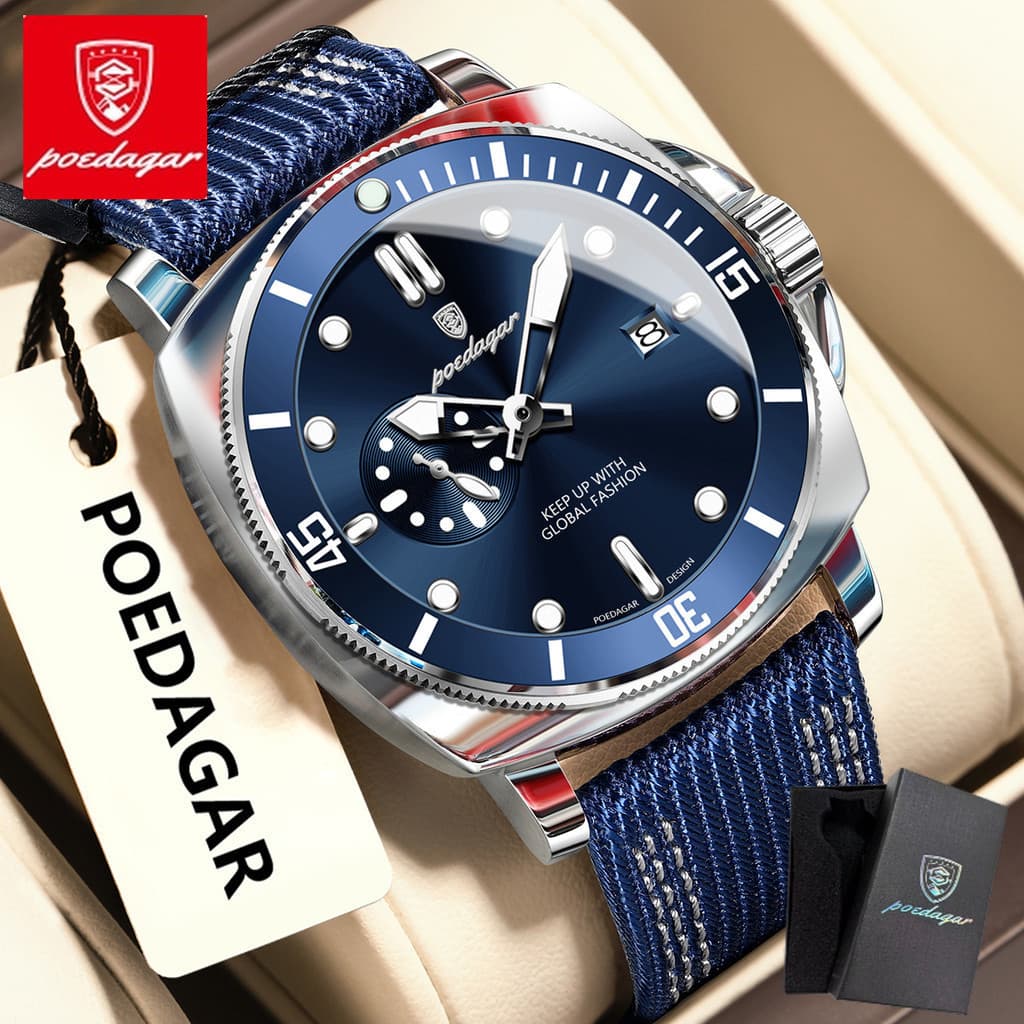 Relógio Poedagar, relógio esportivo masculino de quartzo com pulseira de nylon e couro, com exibição de data, à prova d'