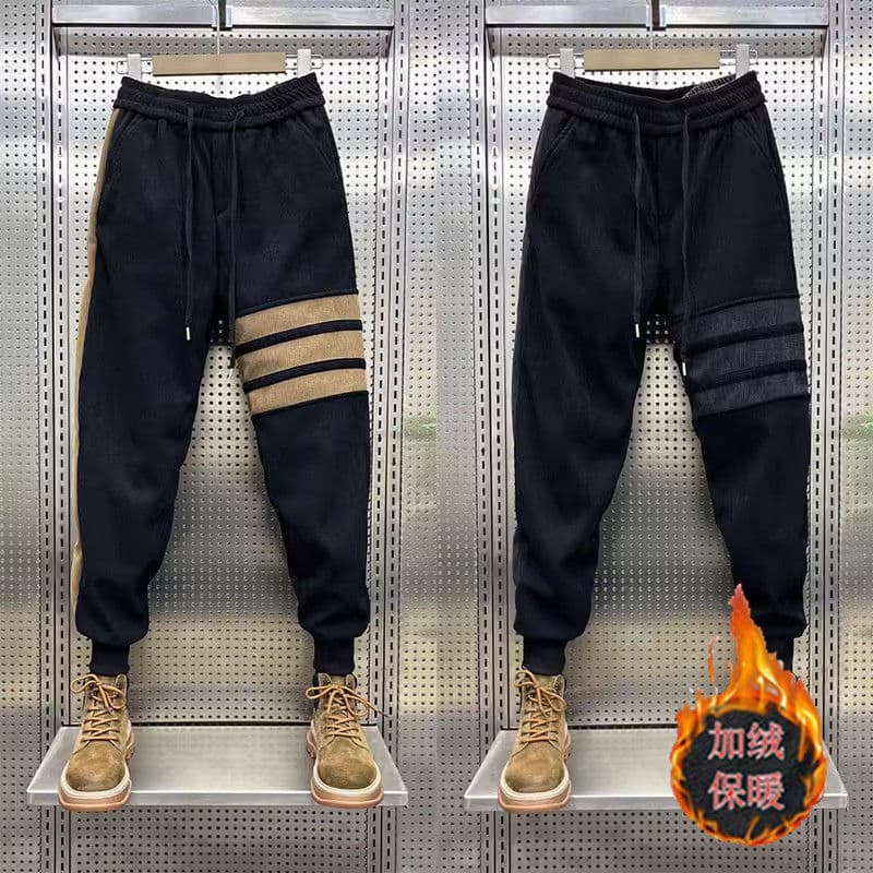 Calças casuais listradas outono inverno forro de lã engrossado Leggings masculinas calças esportivas na moda costura sol