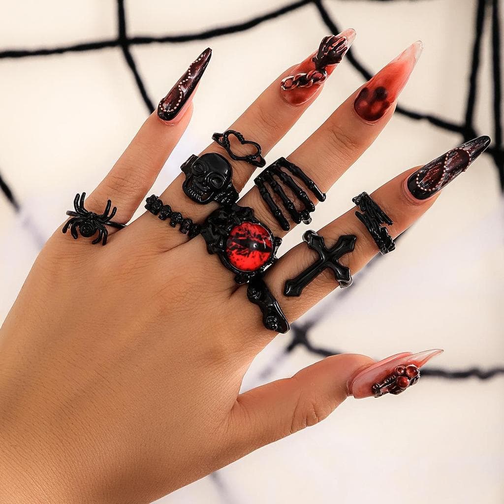 Retro escuro nicho Design fantasma crânio anel conjunto Halloween aranha cruz único anel ornamentos