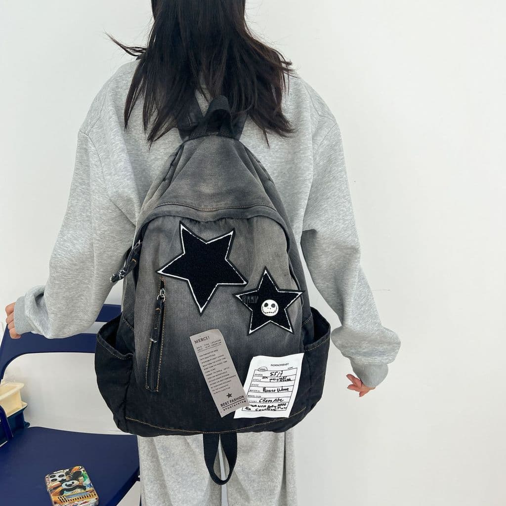 Mochila Jeans Estrela Y2K Degradê Vintage Notebook 14 Escolar Universitária Lazer Ultraleve