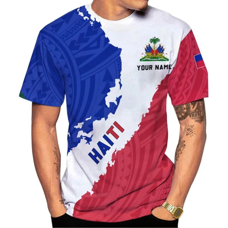Camiseta Masculina Com Estampa De Bandeira Haiti , Nome Personalizado , 3D , Verão , Casual , Solta , Gola Redonda , Man