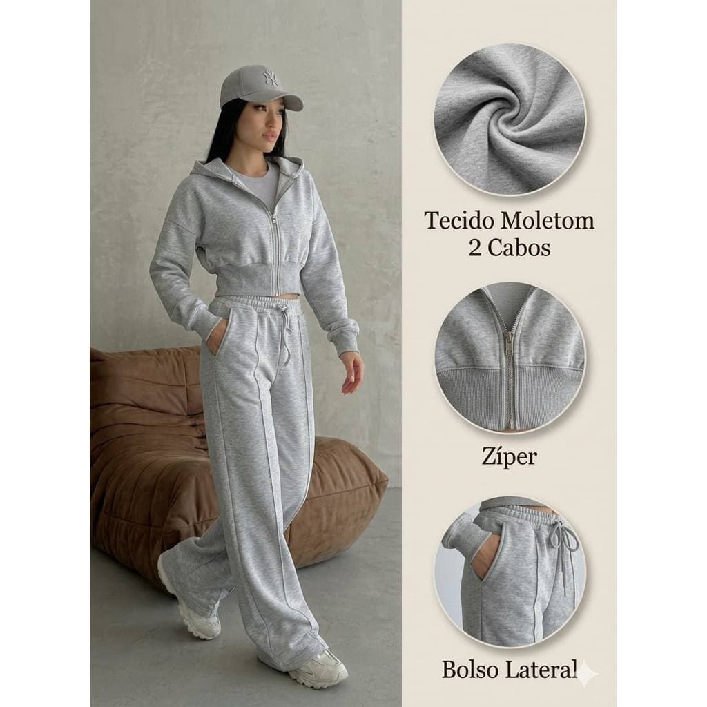 Conjunto Moletom Feminino CINZA CLARO blusa com zíper ,calça Reta detalhes de costura com seixo