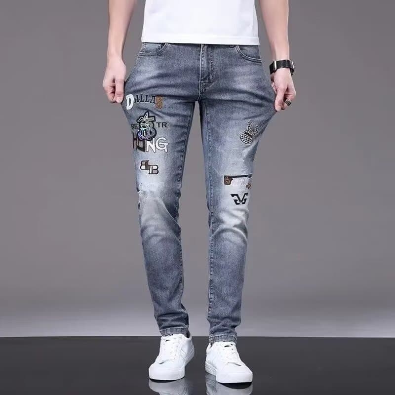Calça Jeans bordada de alta qualidade estilo primavera masculina, calça Skinny Slim fit Stre