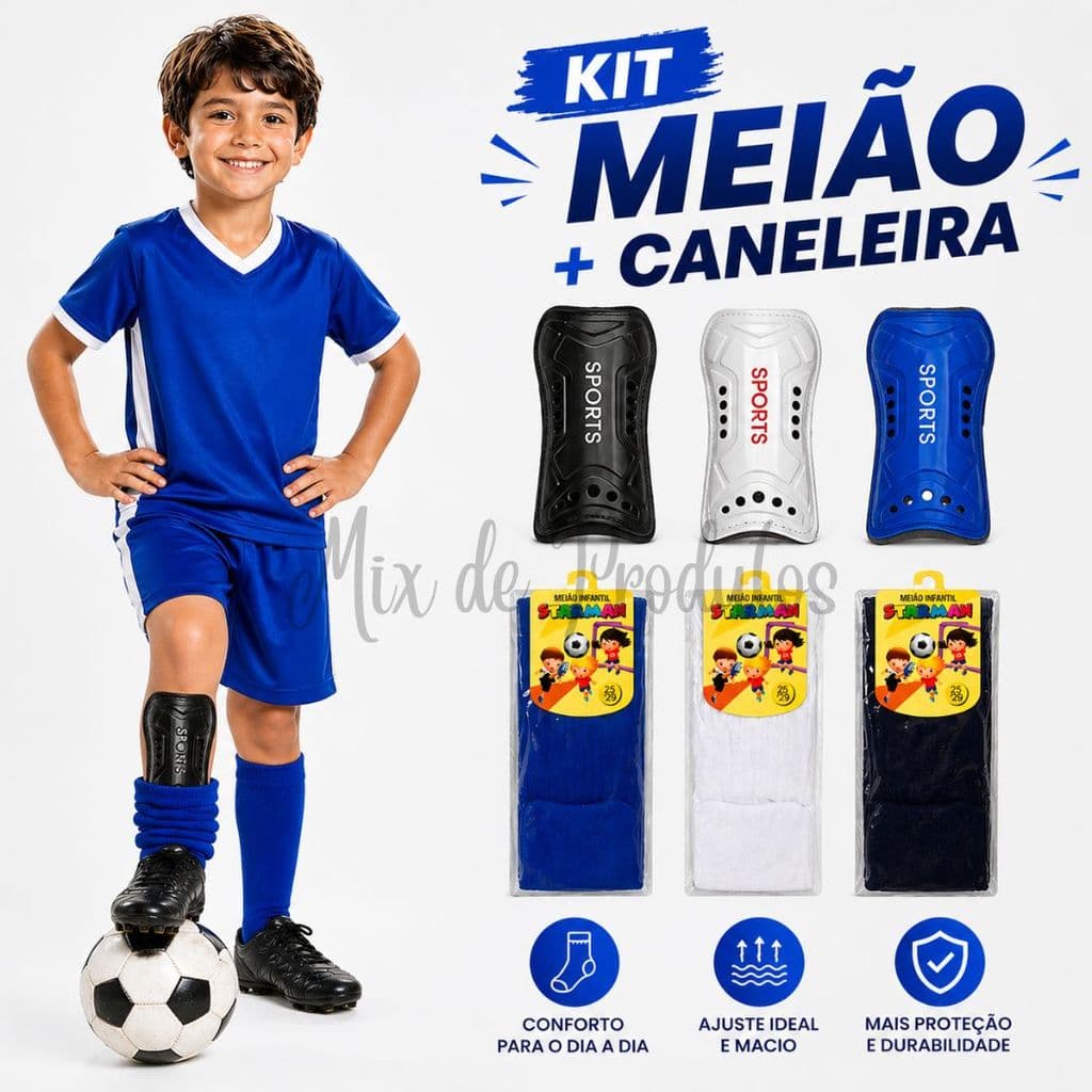 Meião de Futebol + Caneleira Infantil Proteção Esporte Infantil e Juvenil