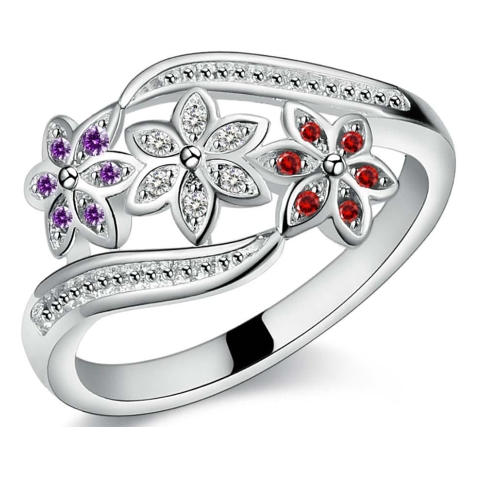 Anel Feminino Prata AN9 Flor Pedra Delicada Com Strass